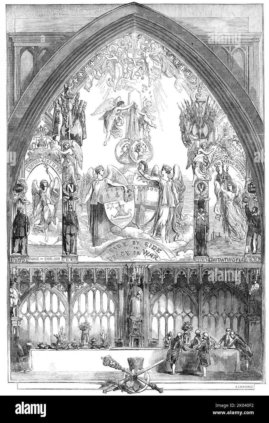 Immagine allegorica...dipinta per la cena d'inaugurazione del Signore Sindaco, in Guildhall, 9 novembre 1854. Tableau patriottico nella Grande Sala banchetti per segnare il termine di Sir Francis Graham Moon come Lord Mayor di Londra. 'Il disegno è tratto dalla matita di David Roberts, R.A... Dipinta da John Absolon e Frederick Fenton... Londra e Parigi sono rappresentate da due figure femminili... entrambe hanno disegnato la spada nella causa degli oppressi; E tengono in mano la corona di alloro per premiare il vincitore...la pace che porta il suo ramo d'ulivo...la vittoria che porta le bandiere di Inghilterra, Francia e Turchia, oltre C Foto Stock