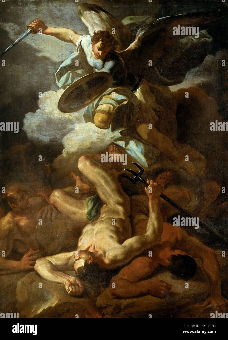 L'Arcangelo Michele sconfigge Lucifero, 1750. Reperibile nella collezione dei Musei Vaticani in Viale Vaticano, Roma. Foto Stock