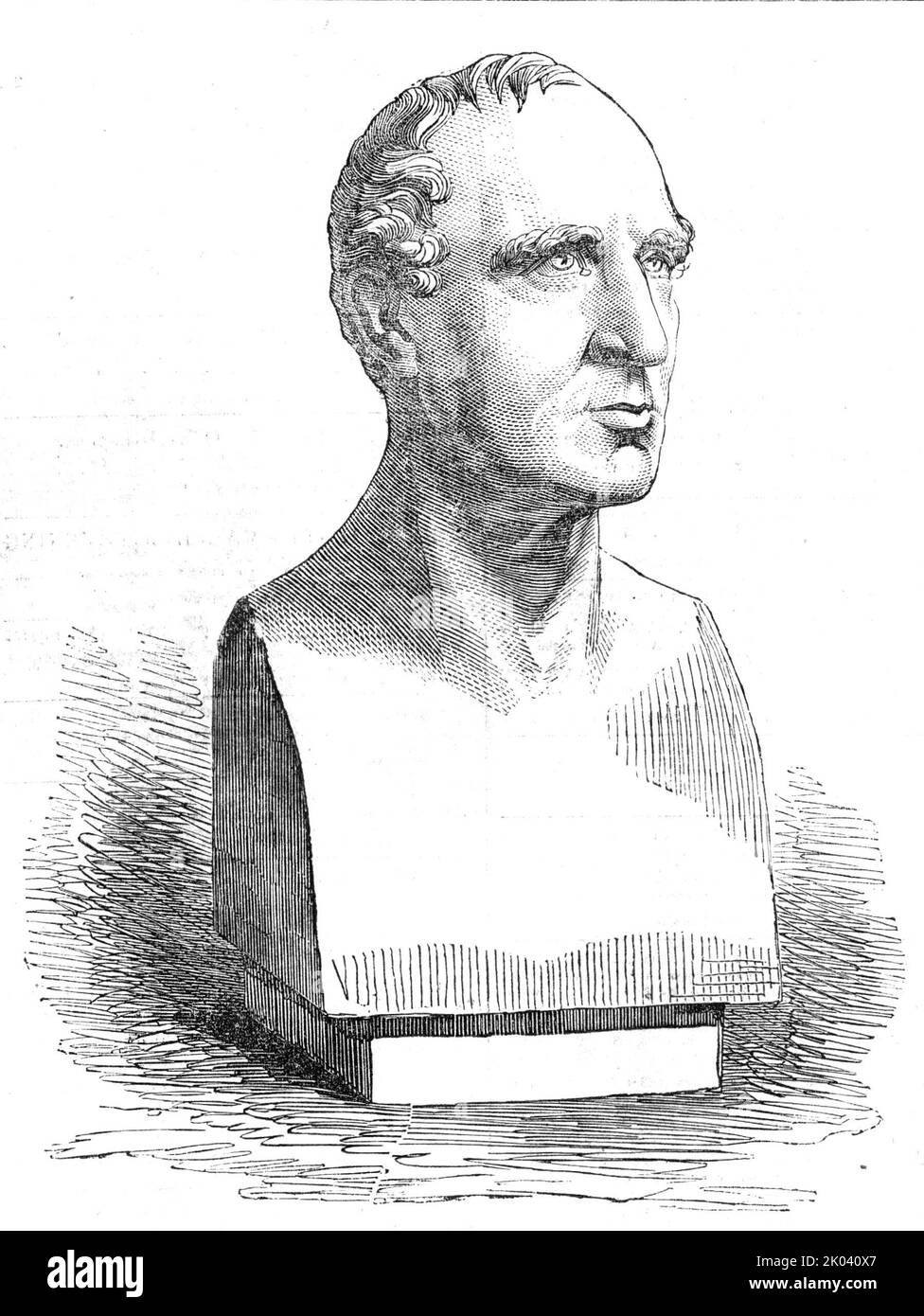 Il defunto Sig. Charles Kemble, da un busto di marmo, di Timothy Butler, 1854. Attore britannico. 'La sua prima apparizione sulla scena londinese fu nel personaggio di Malcolm, in "Macbeth", che eseguì a Drury-lane, nell'inverno del 1794, continuando per due anni ad assumere parti ugualmente subordinate. A causa della malattia di suo fratello Giovanni, durante la gestione dell'opera di "Mahmoud", Charles fu chiamato a fornire il suo posto in un preavviso così breve, che fu obbligato a portare il libro con sé sul palco; quando si sente la sua fiducia rafforzata, e la sua emulazione awak Foto Stock