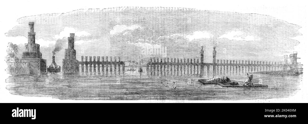 "Lo sbarramento del Nilo", 1854. Diga sul Nilo in Egitto. 'Un grande passaggio è mantenuto vicino alla riva orientale, per i piroscafi, per essere chiuso da Gates quando il Nilo sorge... altri passaggi... sono riservati a ... barche di fiume; e ciascuno degli archi minori è chiuso da fanghi. Sono state espresse varie opinioni in merito al risultato della chiusura del Barrage: Alcuni pensano che le acque del Nilo sarebbero state deviate in un nuovo direction...in, nel qual caso alcune terre preziose sarebbero state inondate, e la navigazione del fiume gravemente ostacolata. Altri suppongono che le acque pent-up del Nilo WO Foto Stock
