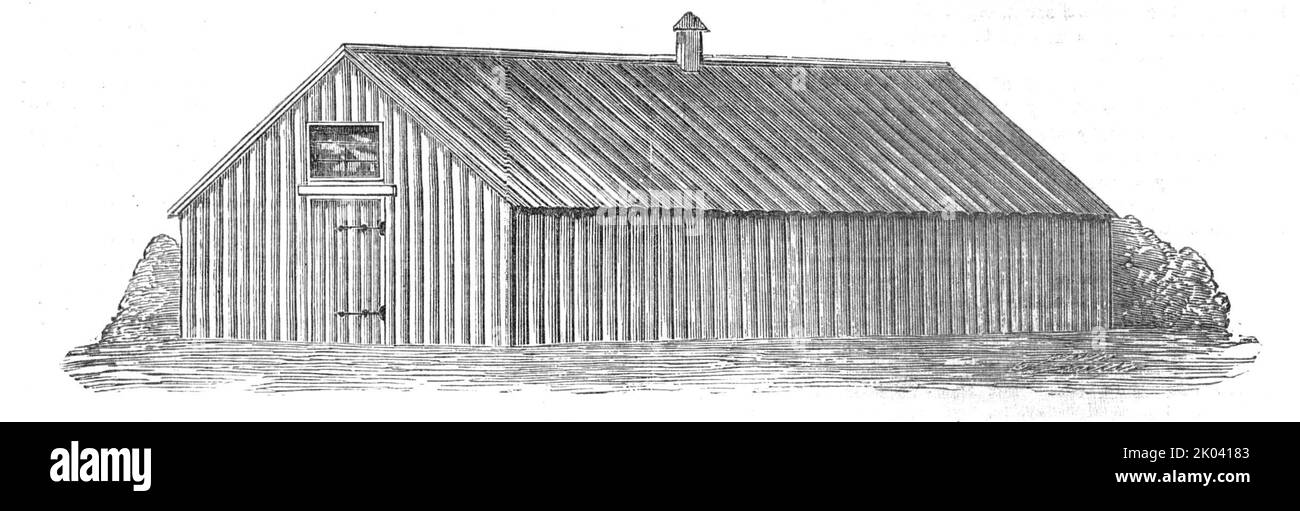 Portable Pavilion Caserme per le truppe in Crimea, 1854. 1000 capanne di legno, costruite per ordine del governo britannico. 'Ogni capanna ospiterà comodamente venti a trenta uomini; e tali abitazioni, senza dubbio, si dimostreranno molto accettabili per i nostri coraggiosi soldati contro l'inclinazione del tempo, soprattutto se una campagna invernale al di fuori delle mura di Sebastopol sarà inevitabile. Le dimensioni di ogni capanna sono 28 piedi di lunghezza per 16 piedi di larghezza. Gli uomini giacciono piedi a piedi, e questo permetterà di un passaggio di quattro piedi su il mezzo, in cui spazio una stufa sarà messa per il riscaldamento del bu Foto Stock