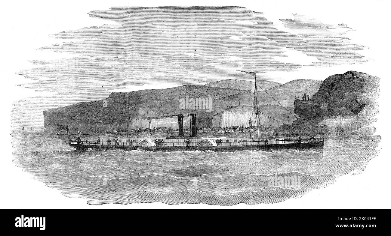 Il quattro-paddle-ruota a vapore del Danubio "Tachtalia", 1854. "In virtù di una carta concessa dal governo austriaco, il privilegio esclusivo del traffico regolare del Danubio è conferito alla compagnia di navigazione imperiale e reale del Danubio a vapore... la compagnia... ha ormai sormontato questo inconveniente [rocce vicino alla superficie del Danubio], Avendo appena aggiunto alla sua flotta un vaporizzatore che può passare la porta di ferro, in tutti gli stati del fiume - il suo progetto, con passeggeri e carburante, essendo solo dodici pollici e mezzo. Questa nave... è stata costruita dai sigg. J. e A. Blyth, l'emi Foto Stock