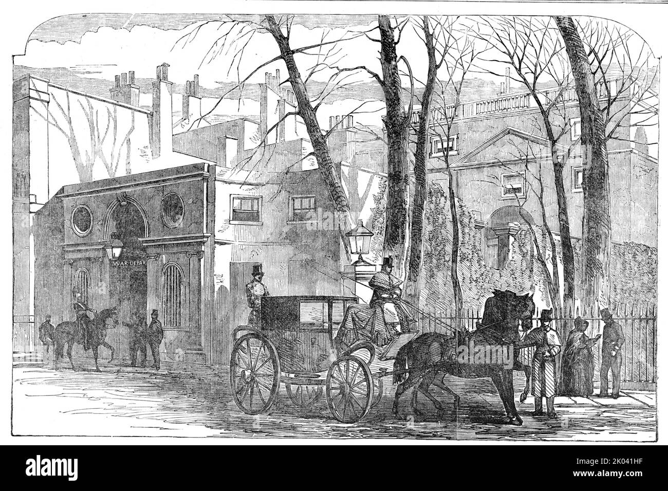 Pembroke-House, Whitehall-Gardens, l'Ufficio del Ministro della guerra, 1854. Edifici governativi a Londra. 'La concentrazione di uffici governativi che occupano una parte del sito del vasto Palazzo di Whitehall, ha recentemente ricevuto l'aggiunta di Pembroke House ... residenza ufficiale del nuovo ministro della Guerra, sua Grazia il Duca di Newcastle. Pembroke House è una delle residenze che sono state erette sui giardini, sui terreni e sul sito del vecchio palazzo, dopo il grande incendio del 1698. E' un edificio maestoso...l'accesso dai giardini Whitehall è attraverso un grande e alto cancello...adiacente Foto Stock