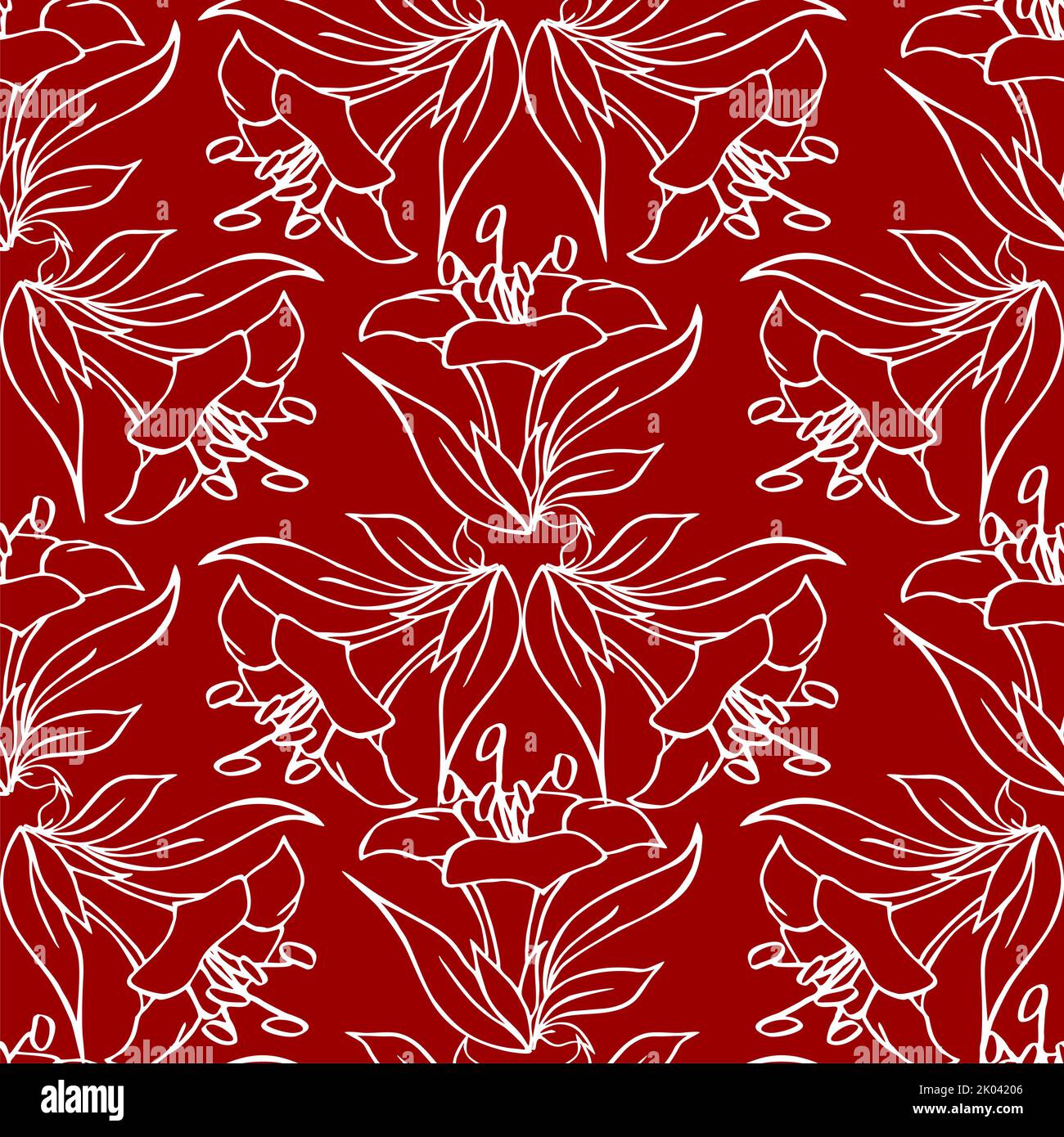 contorno senza cuciture di grandi fiori grafici bianchi su sfondo rosso, texture, design Foto Stock