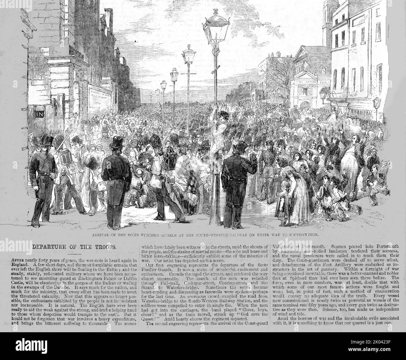 'Arrivo delle Guardie scozzese Fusilier alla ferrovia sud-occidentale sulla strada per Southampton (e il Baltico); riferito Sabato 8 aprile 1854', 1854. Da "Cassells Illustrated Family Paper; London Weekly 31/12/1853 - 30/12/1854". Foto Stock