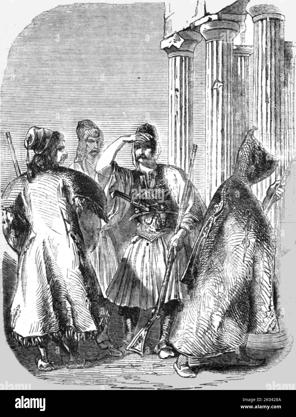 "Soldati greci in guardia", 1854. Da "Cassells Illustrated Family Paper; London Weekly 31/12/1853 - 30/12/1854". Foto Stock
