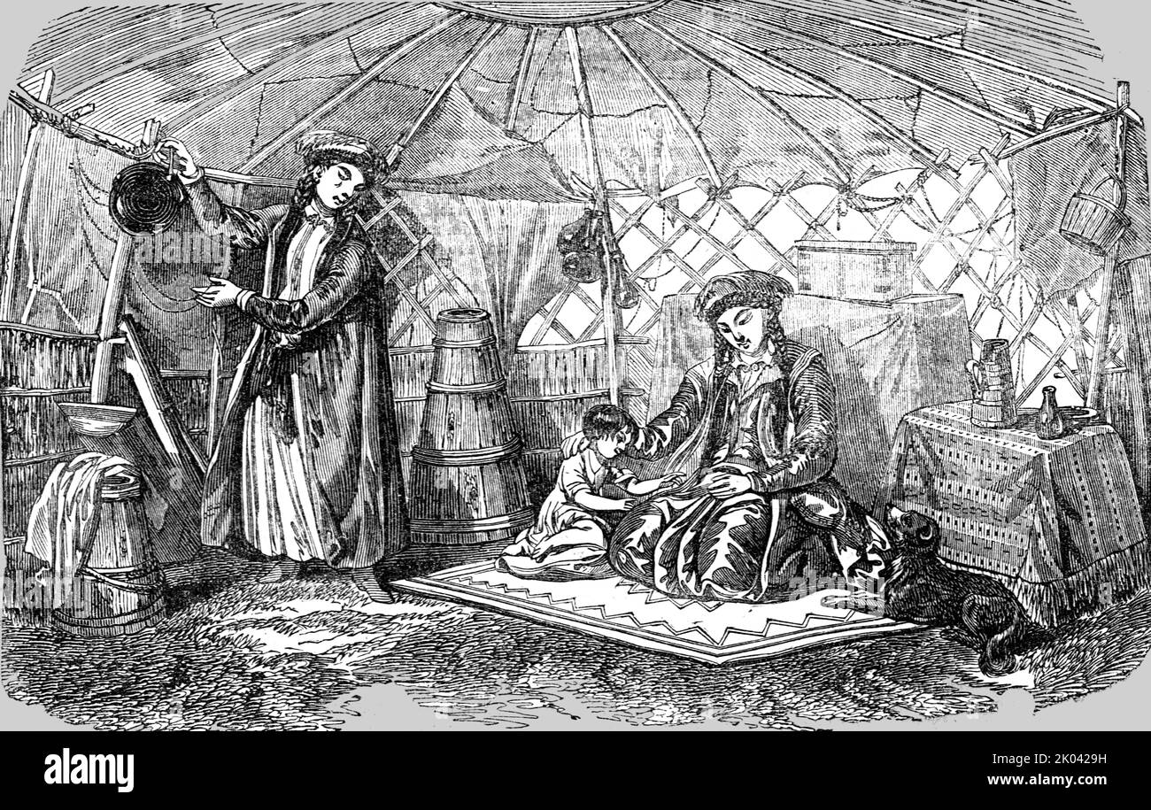 "Interno di una tenda Kalmuck con le donne Kalmuck", 1854. Da "Cassells Illustrated Family Paper; London Weekly 31/12/1853 - 30/12/1854". Foto Stock