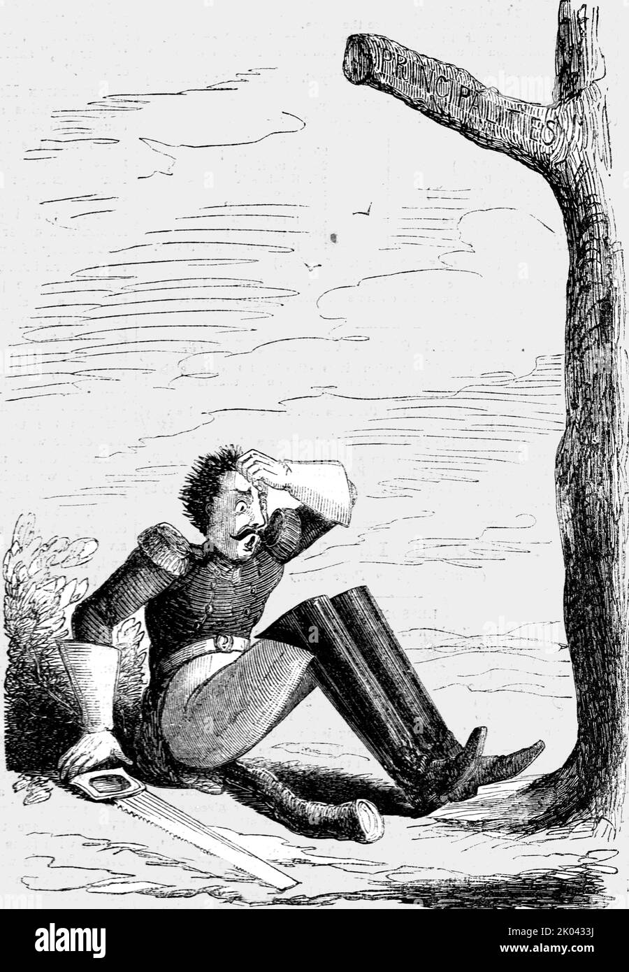 'Un errore politico: L'uomo che ha segato il ramo, ma che ha seduto alla fine sbagliata mentre lo ha fatto; la Crimea', 1854 da "Cassell's Illustrated Family Paper; London Weekly 31 Dec 1853 to 30 Dec 1854". Foto Stock