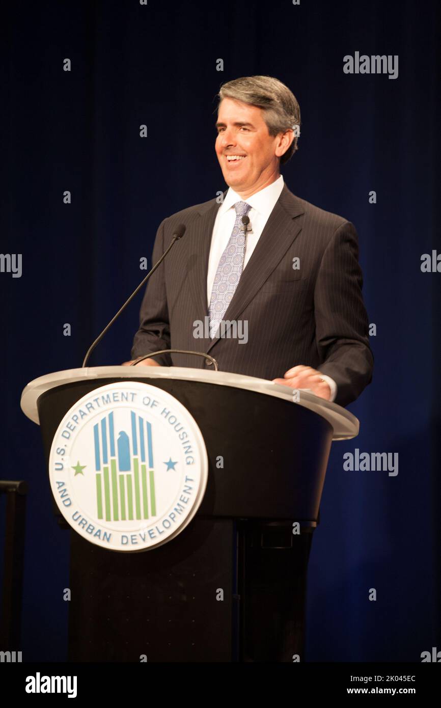 Il briefing della Federal Housing Administration (FHA) presso la sede centrale dell'HUD, con David Stevens, commissario FHA. Foto Stock