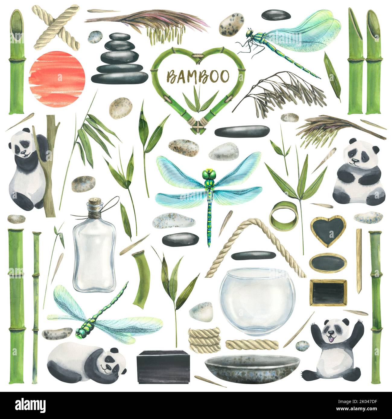 Un grande insieme con steli di bambù, foglie, fiori, libellule, panda, ciottoli e vari accessori per composizioni. Illustrazione acquerello. Per Foto Stock