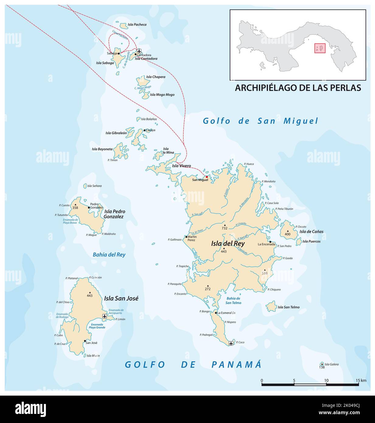 Mappa vettoriale delle isole delle perle dell'arcipelago panamese nel golfo di panama Foto Stock