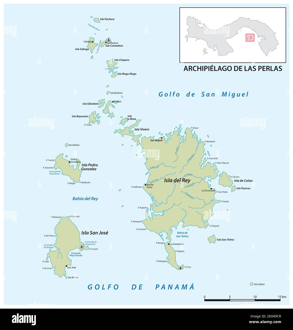 Mappa vettoriale delle isole delle perle dell'arcipelago panamese nel golfo di panama Foto Stock