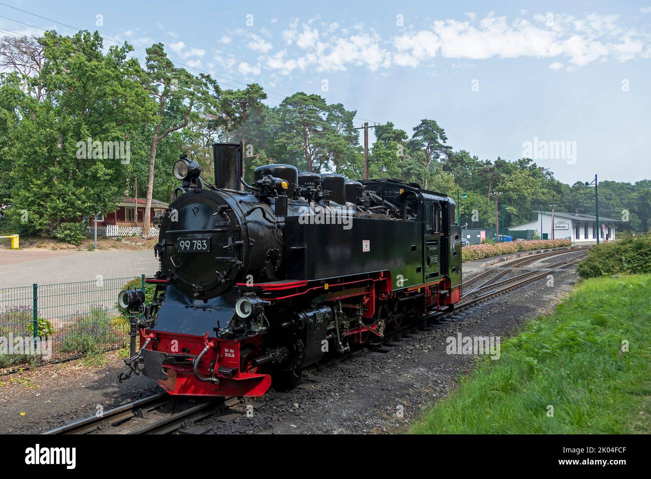 Motore, treno a vapore Rasender Roland, Göhren, Isola di Rügen, Meclemburgo-Pomerania occidentale, Germania Foto Stock
