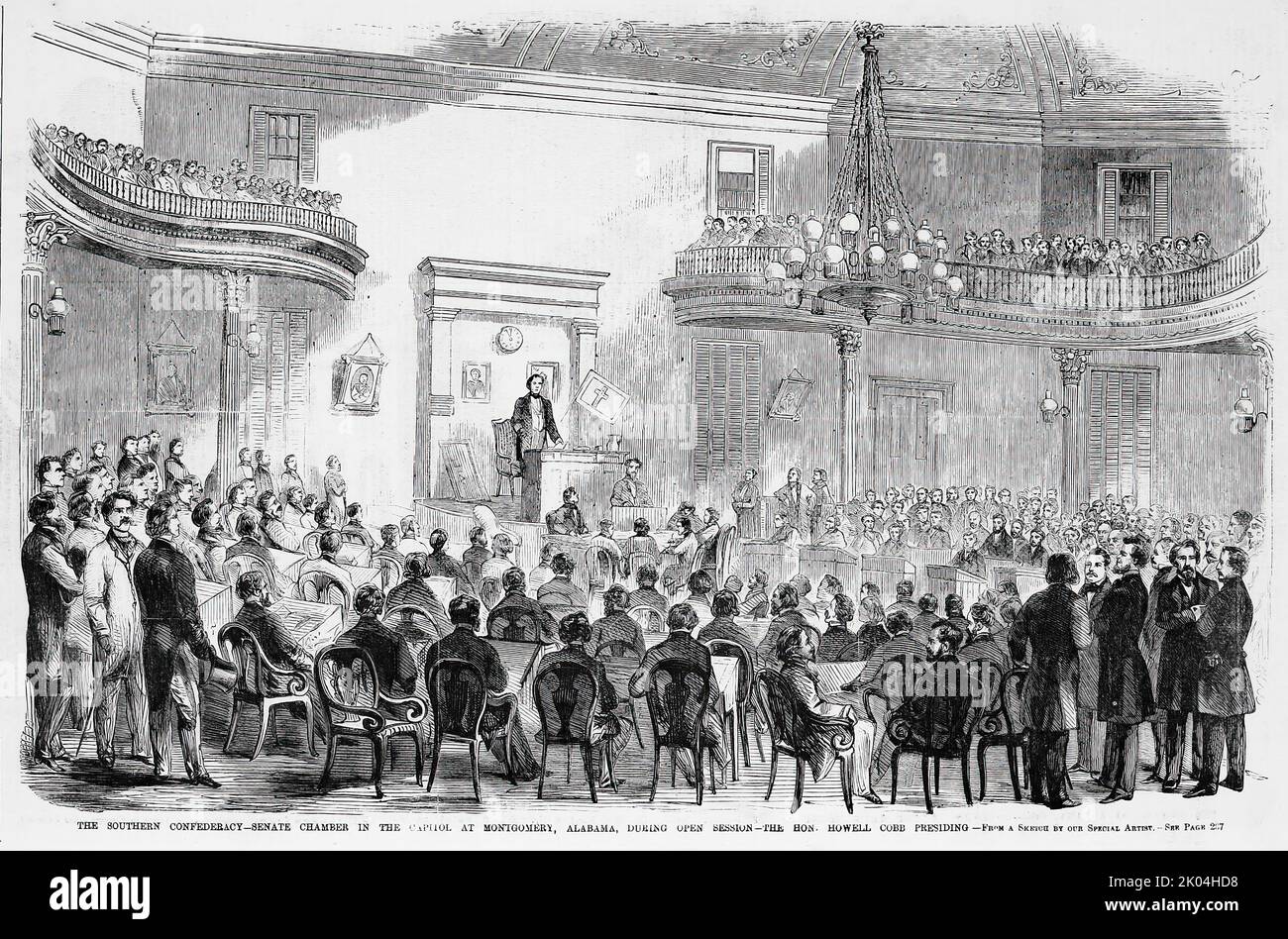 La Confederazione Meridionale - Camera del Senato al Campidoglio a Montgomery, Alabama, durante la sessione aperta - l'onorevole Howell Cobb presiedere, 4th febbraio 1861. Prima sessione del Congresso provvisorio degli Stati confederati. Illustrazione della guerra civile americana del 19th° secolo dal quotidiano illustrato di Frank Leslie Foto Stock