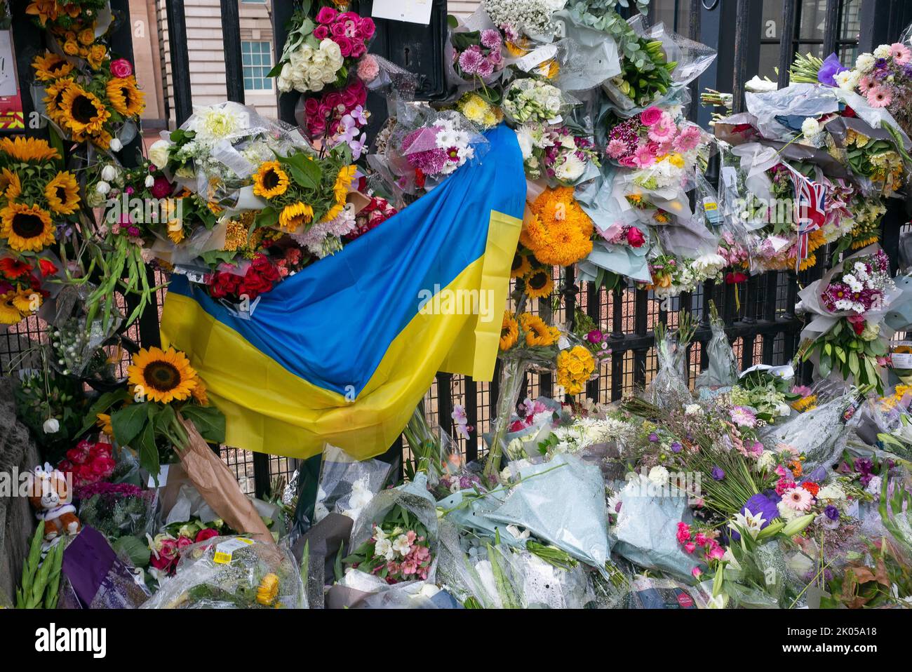 Londra, Inghilterra, Regno Unito. 9th Set, 2022. Migliaia di pianti si accodarono per deporre fiori alle porte di Buckingham Palace in memoria della regina Elisabetta II che è passata ieri, 8 settembre. La bandiera del palazzo era a metà albero come docce mescolate con le lacrime di quelli che posavano fiori e messaggi di cuore. Alcuni negozi erano chiusi e cannoni di saluta suonavano in tutta Londra. Il giorno segna dieci giorni di lutto quando il corpo della Regina si stabilirà. (Credit Image: © Rod Harbinson/ZUMA Press Wire) Foto Stock