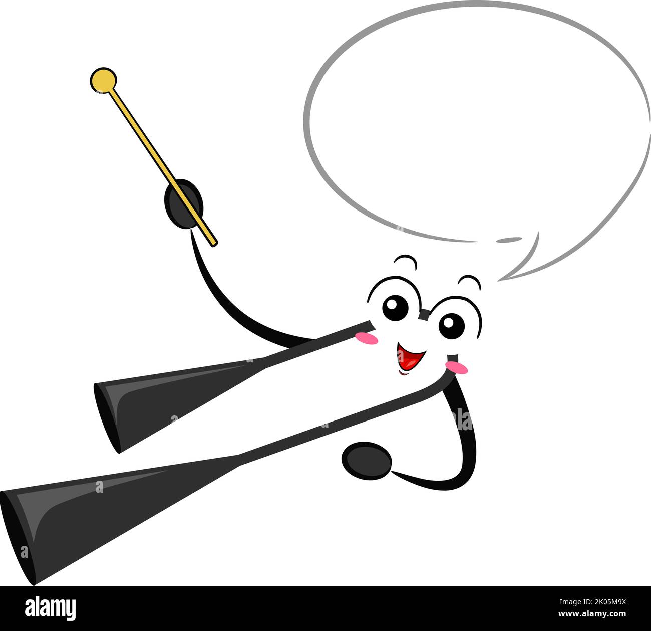 Illustrazione di Mascot Agogo Bell strumento musicale che tiene bastone di legno con bolla vocale Foto Stock
