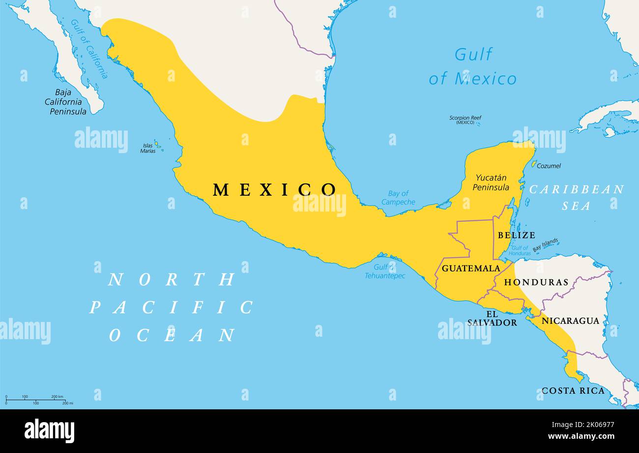 Posizione di Mesoamerica, mappa politica. Regione storica e area culturale nel Nord America meridionale e nella maggior parte dell'America centrale. Foto Stock