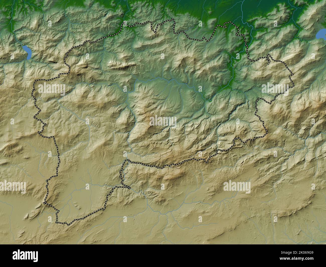 Guelma, provincia dell'Algeria. Mappa di altitudine colorata con laghi e fiumi Foto Stock