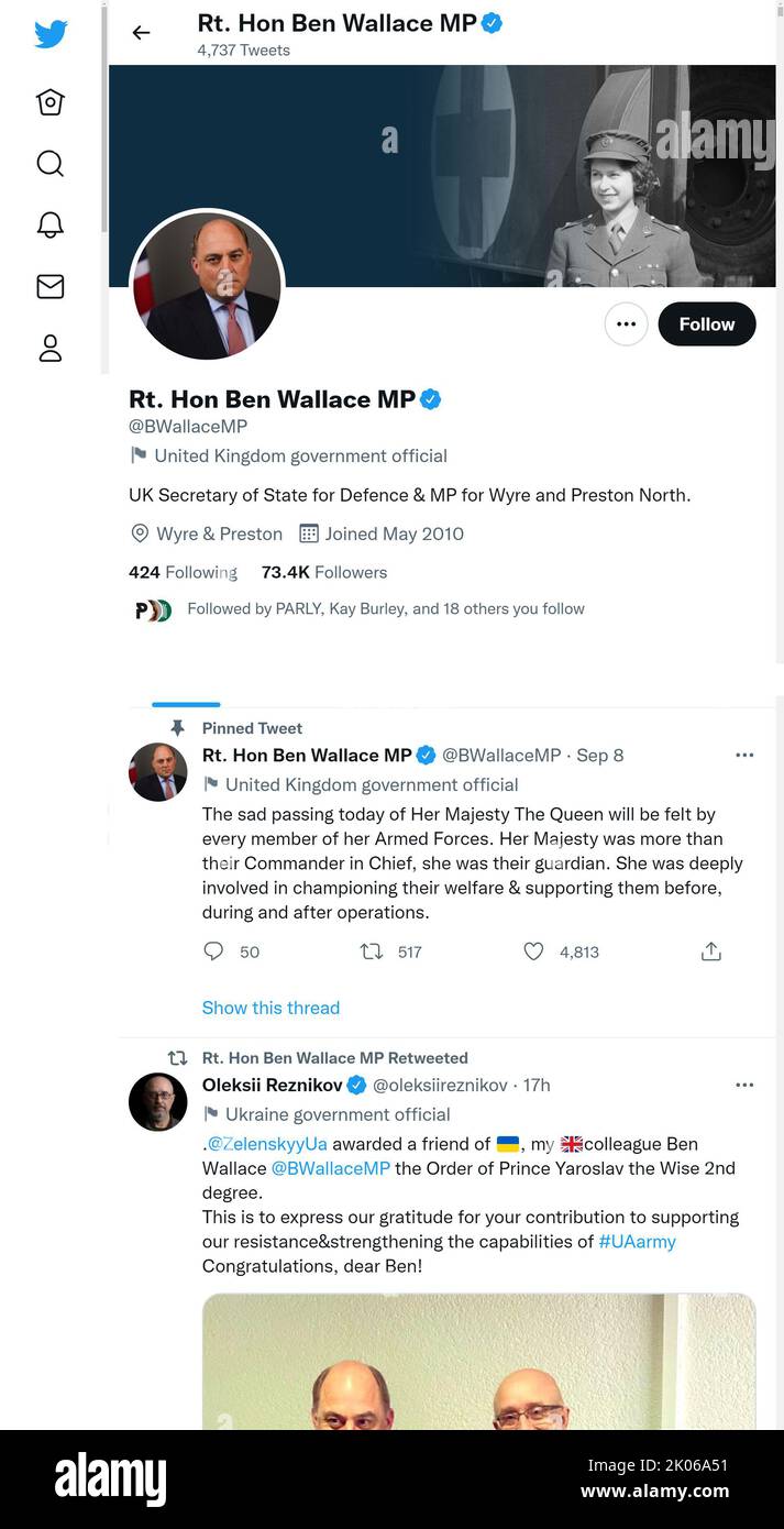 Pagina Twitter (settembre 2022) di ben Wallace, Segretario di Stato per la Difesa, poco dopo la morte della Regina Elisabetta II Foto Stock