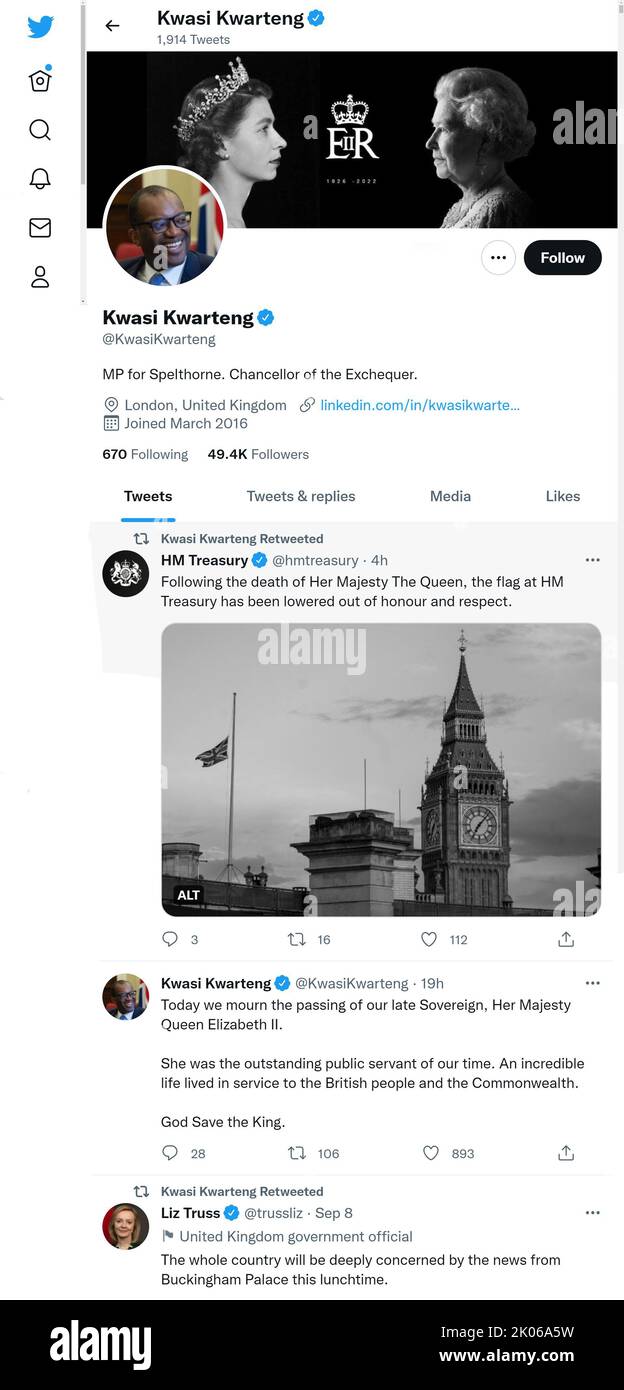 Pagina Twitter (settembre 2022) di Kwasi Kwarteng MP, Cancelliere dello scacchiere, poco dopo la morte della regina Elisabetta II Foto Stock