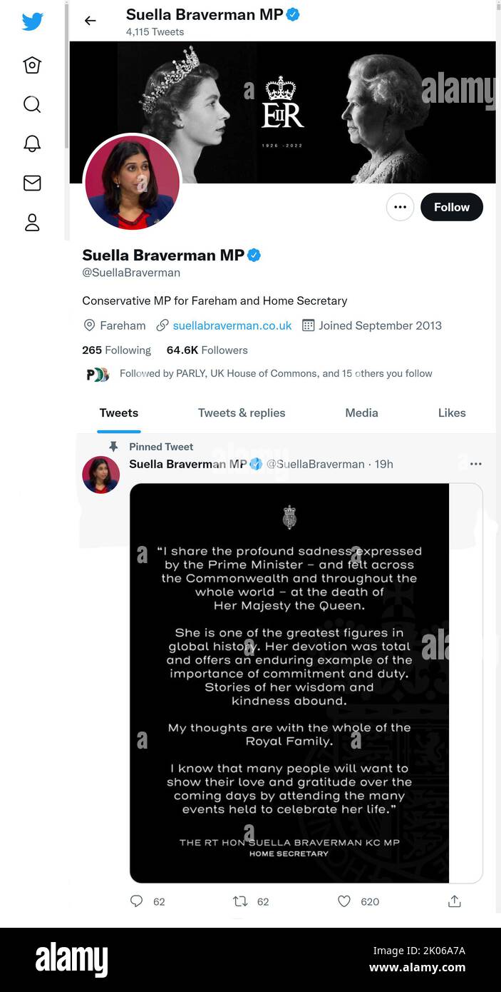 Pagina Twitter (settembre 2022) di Suella Braverman MP. Segretario di casa, poco dopo la morte della Regina Elisabetta II Foto Stock