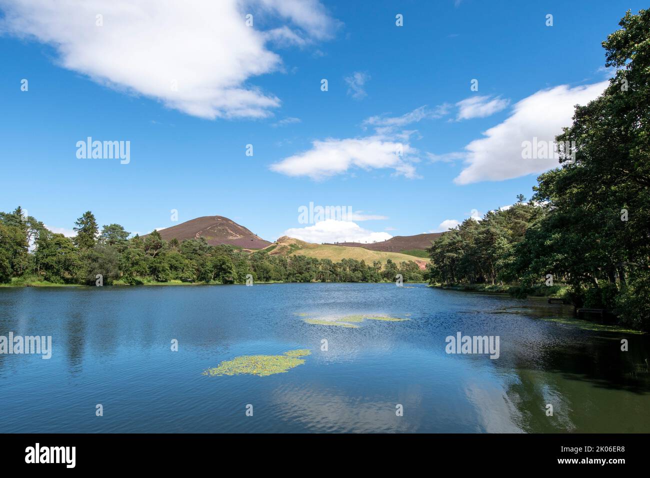 Guardando attraverso il Bowden Moor Loch verso gli Eildons, Melrose Foto Stock