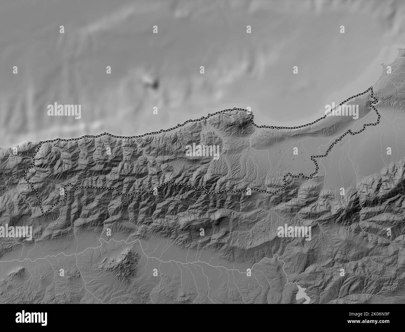 TIPAZA, provincia di Algeria. Mappa in scala di grigi con laghi e fiumi Foto Stock