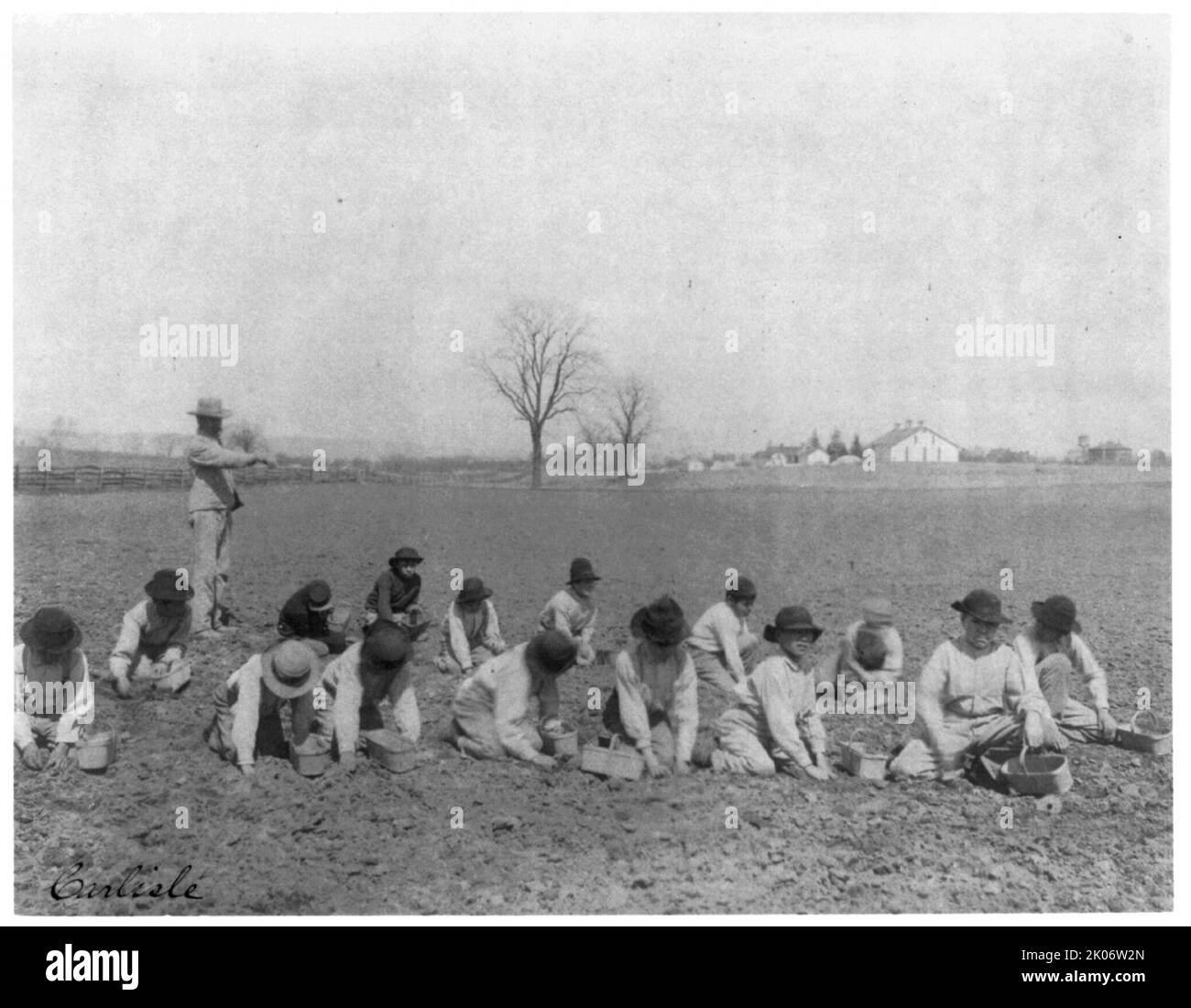 Carlisle Indian School, Carlisle, Pa. Ragazzi che scavano per le patate(?) nel campo, 1901. Foto Stock
