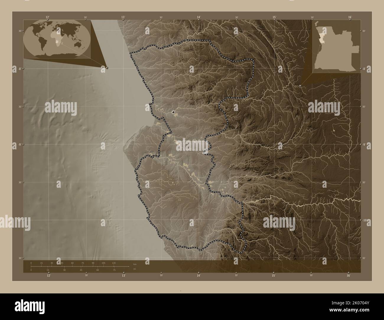 Bengo, provincia dell'Angola. Mappa dell'altitudine colorata in tonalità seppia con laghi e fiumi. Mappe delle posizioni ausiliarie degli angoli Foto Stock