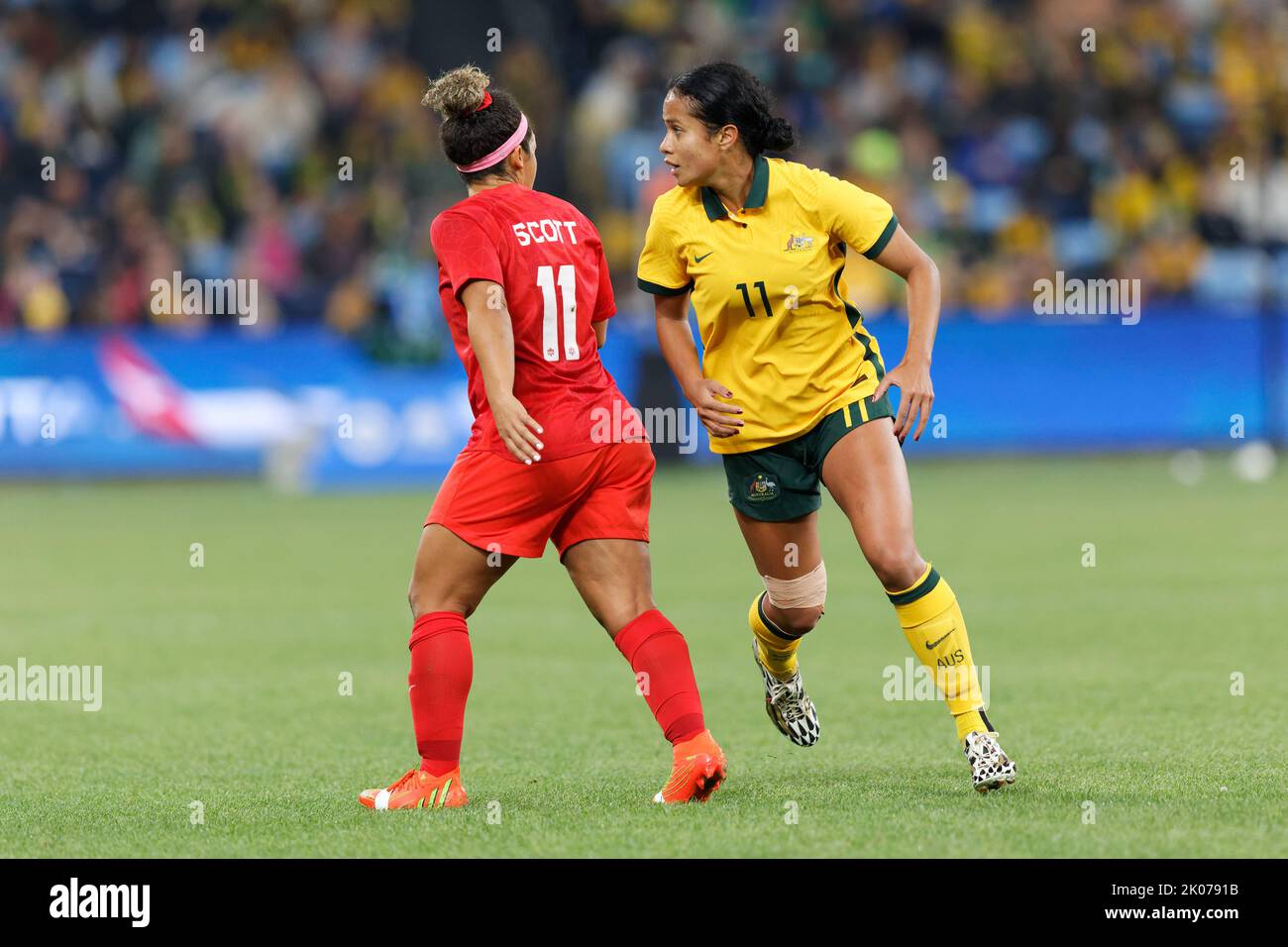 SYDNEY, AUSTRALIA - SETTEMBRE 6: Mary Fowler dell'Australia e Desiree Scott del Canada visto durante l'International friendly Match tra Australia A. Foto Stock