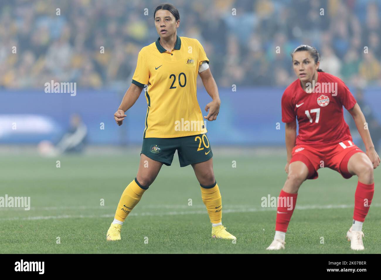 SYDNEY, AUSTRALIA - SETTEMBRE 6: Sam Kerr dell'Australia guarda durante l'International friendly Match tra Australia e Canada all'Allianz Stadiu Foto Stock