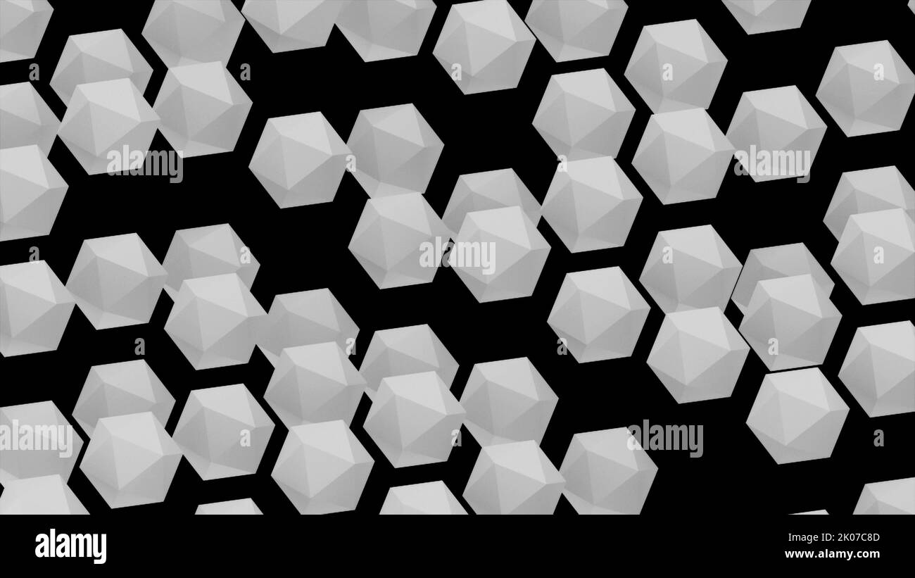 Molti isometrici astratti icosaedri, computer moderno generato sfondo di rendering 3D Foto Stock