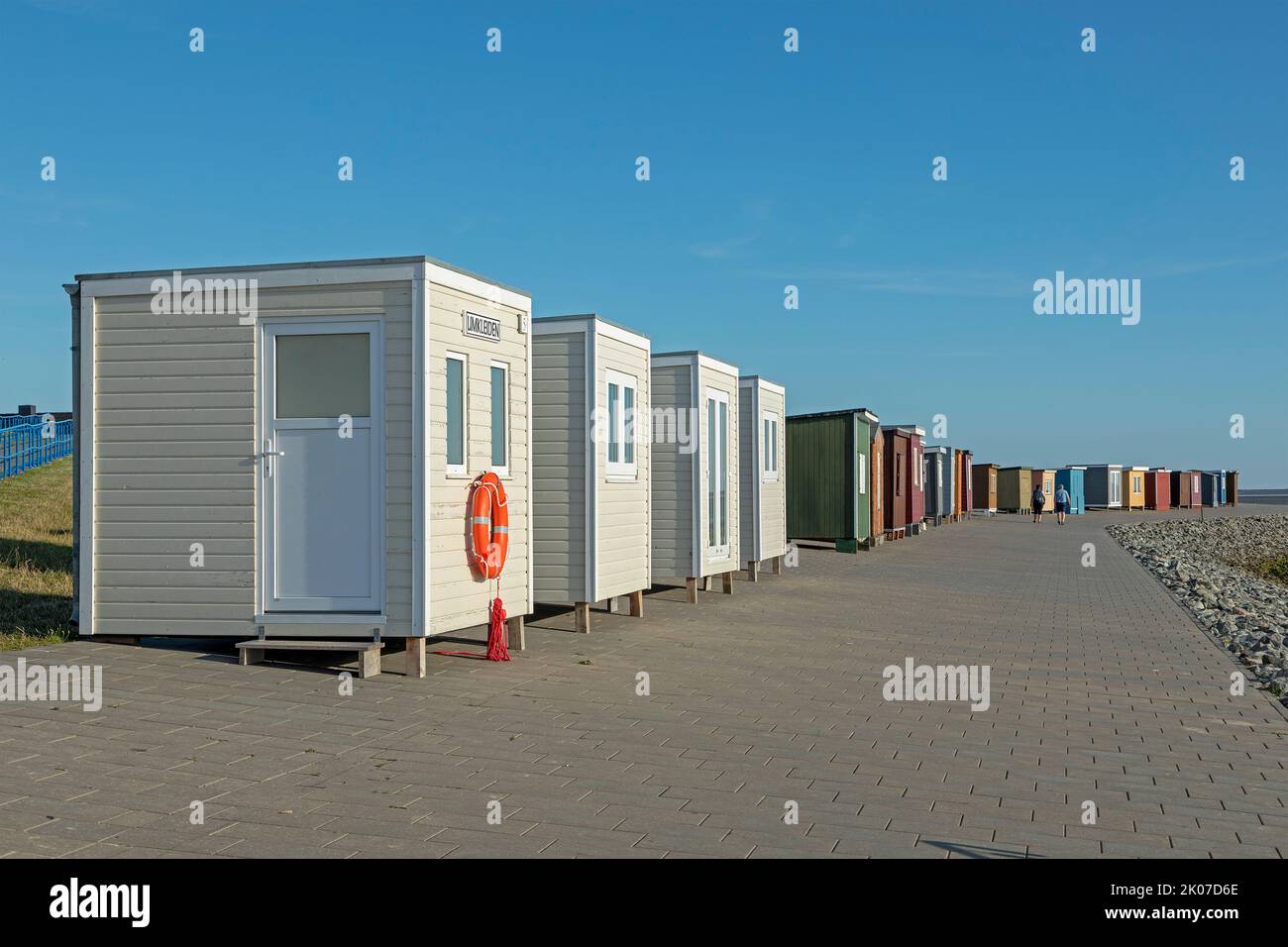 Cambio di cubicoli in spiaggia, Dagebüll, Frisia del Nord, Schleswig-Holstein, Germania Foto Stock