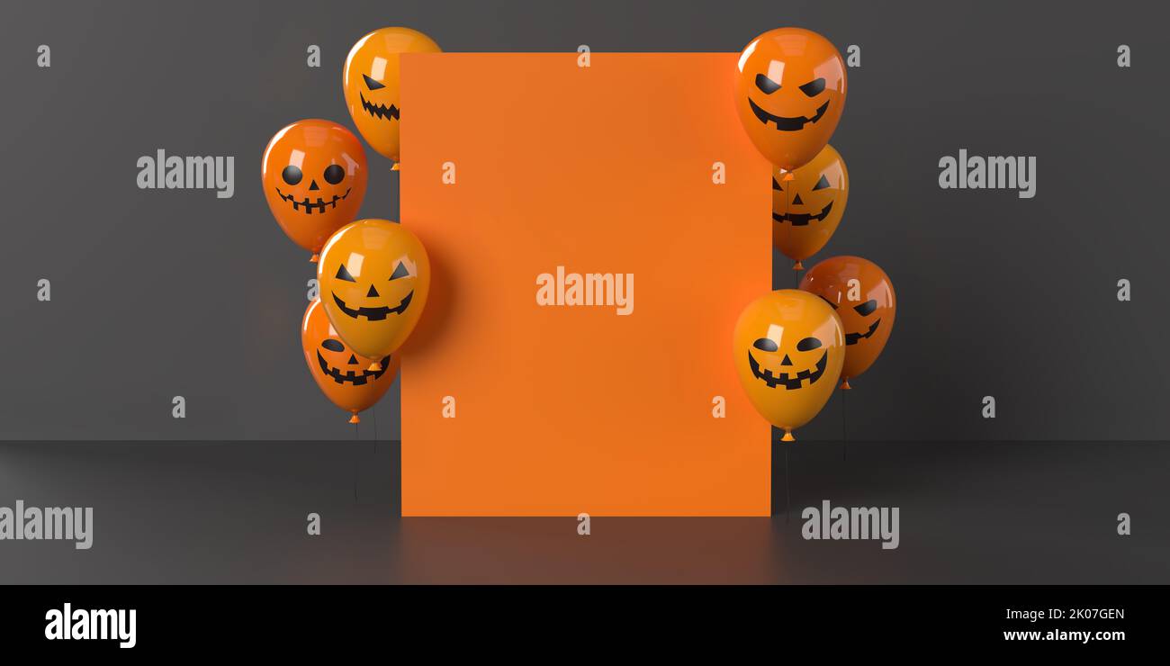 Blank Happy Halloween festeggiamento carta con arancione Awe sorridente palloncini volanti. Banner Web stagionale, poster di vendita o modello di invito per feste al buio Foto Stock
