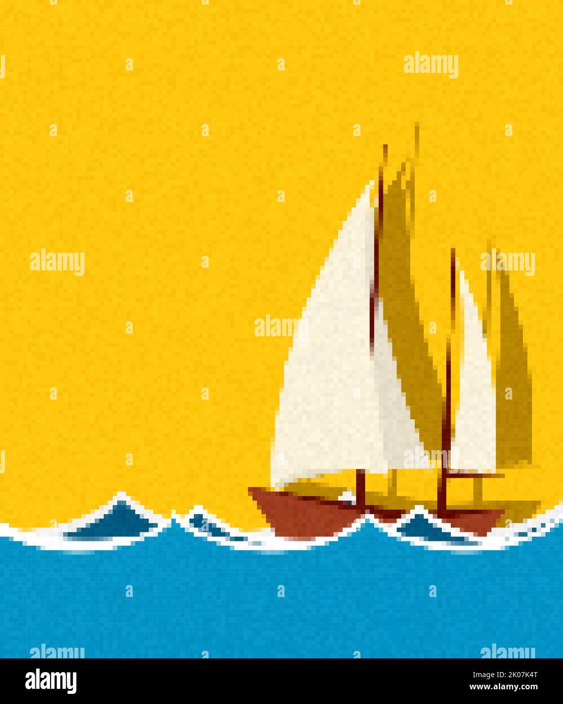 Nave a vela pixel art, illustrazione vettoriale Foto Stock