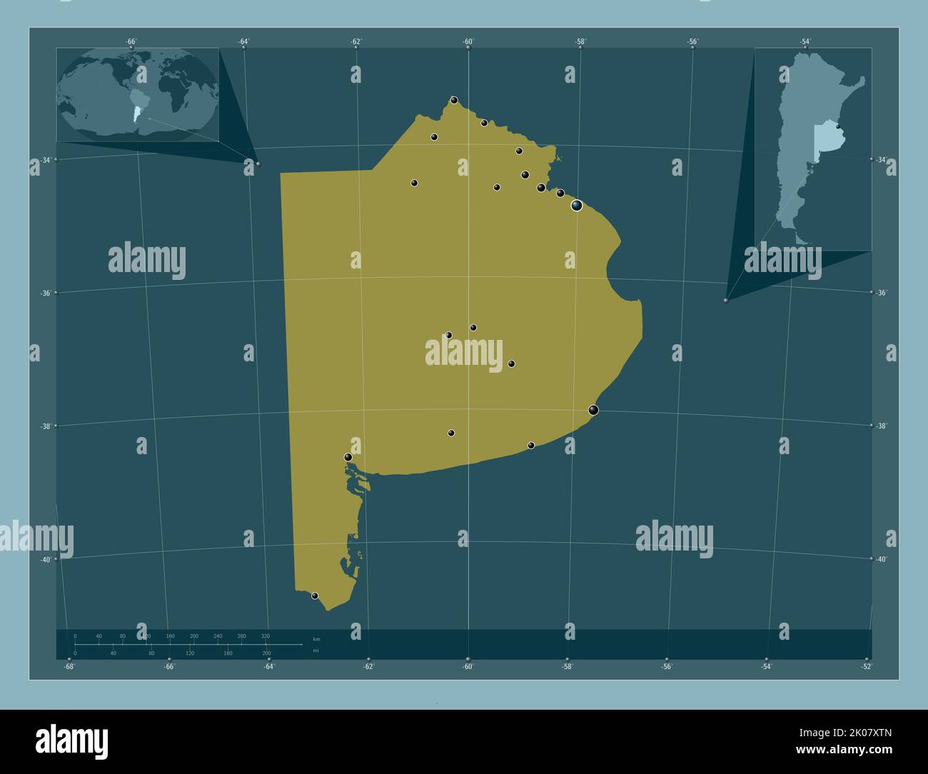 Buenos Aires, provincia dell'Argentina. Forma a tinta unita. Posizioni delle principali città della regione. Mappe delle posizioni ausiliarie degli angoli Foto Stock