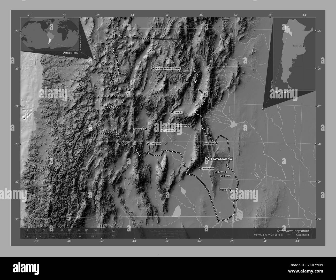 Catamarca, provincia dell'Argentina. Mappa altimetrica bilivello con laghi e fiumi. Località e nomi delle principali città della regione. Pos. Ausiliario angolo Foto Stock