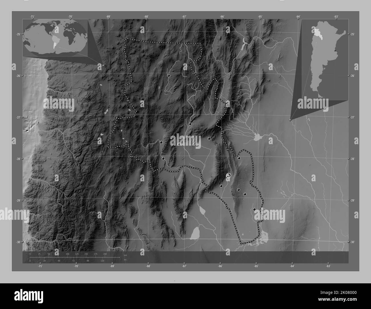 Catamarca, provincia dell'Argentina. Mappa in scala di grigi con laghi e fiumi. Posizioni delle principali città della regione. Posizione ausiliaria angolo ma Foto Stock