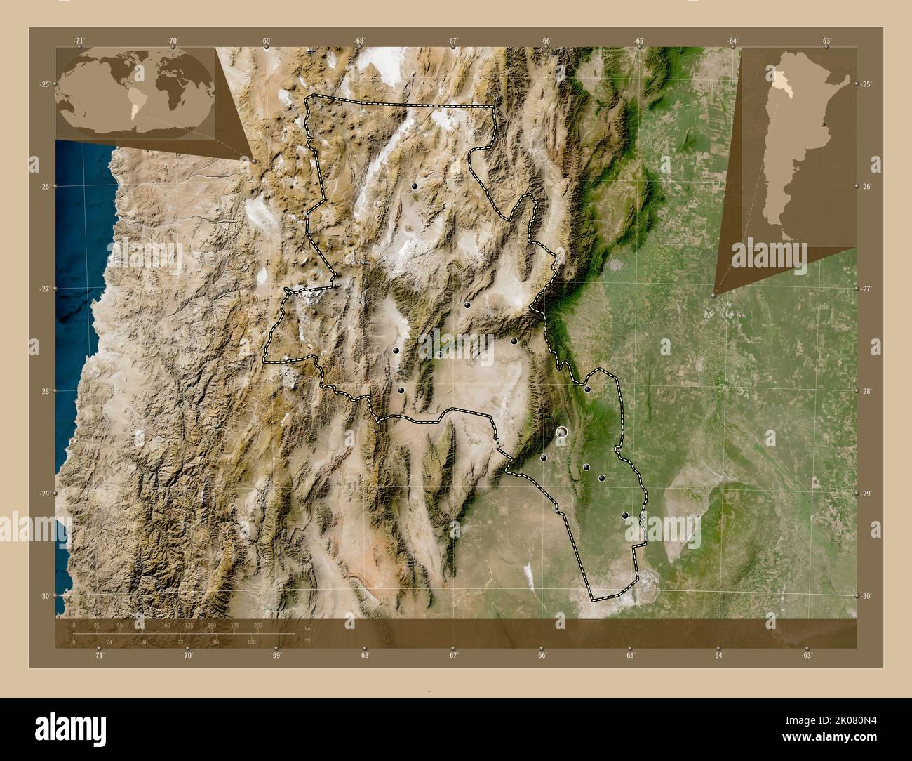 Catamarca, provincia dell'Argentina. Mappa satellitare a bassa risoluzione. Posizioni delle principali città della regione. Mappe delle posizioni ausiliarie degli angoli Foto Stock