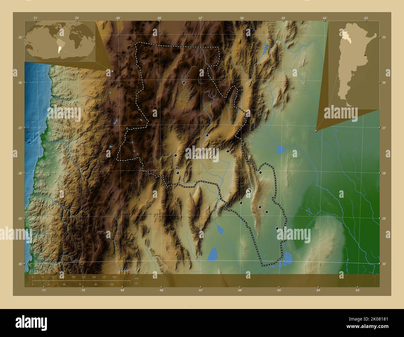 Catamarca, provincia dell'Argentina. Mappa di altitudine colorata con laghi e fiumi. Posizioni delle principali città della regione. Mappe delle posizioni ausiliarie degli angoli Foto Stock