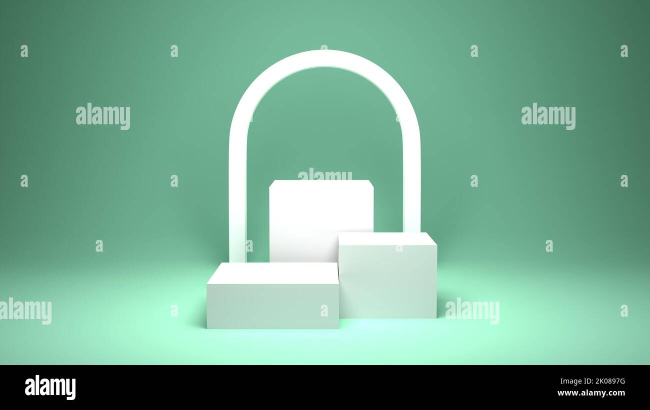 Piedistallo a geometria astratta con sfondo color pastello, podio minimalista per la vetrina dei prodotti, 3D Render Illustration Foto Stock