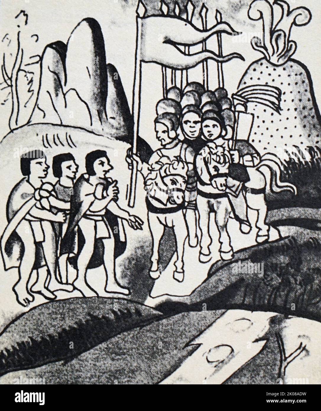 Gli inviati di Montezuma salutano Cortes nella sua marcia a Città del Messico. Moctezuma Xocoyotzin (c.. 1466 - 29 giugno 1520) fu il nono Tlatoani di Tenochtitlan e il sesto Huey Tlatoani o Imperatore dell'Impero azteco. Hernan Cortes de Monroy y Pizarro Altamirano, 1st Marchese della Valle di Oaxaca (1485 - 2 dicembre 1547) Era un conquistador spagnolo che ha condotto una spedizione che ha causato la caduta dell'impero azteco e ha portato grandi porzioni di ciò che è ora il Messico continentale sotto il dominio del re di Castiglia all'inizio del 16th ° secolo Foto Stock