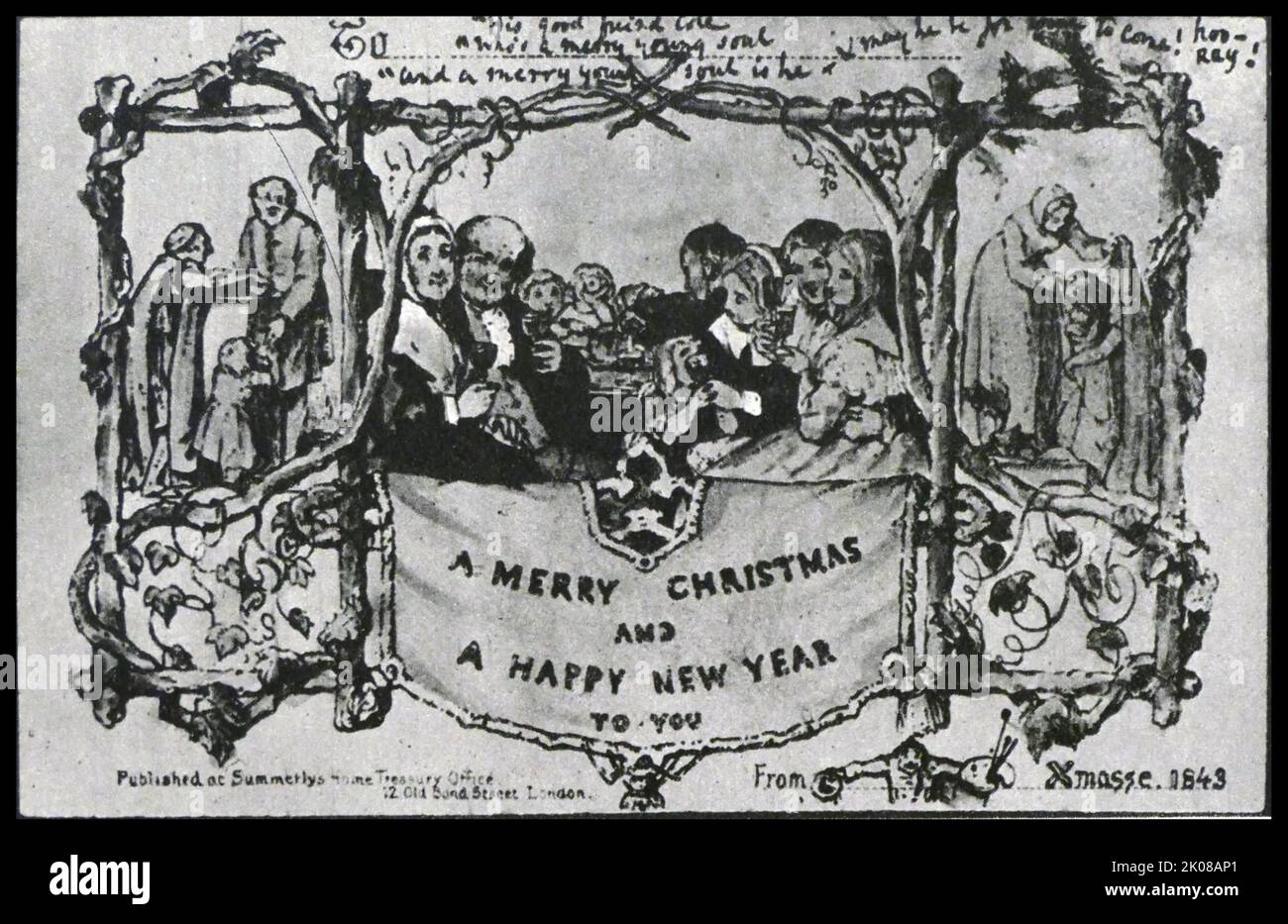 Cartolina di Natale del 1843, inviata a Sir Henry Cole dall'artista John Callcott Horsley. Sir Henry Cole FRSA (Londra, 15 luglio 1808 1843 – Londra, 18 aprile 1882) è stato un . John Callcott Horsley RA (29 gennaio 1817 – 18 ottobre 1903) è stato un Foto Stock