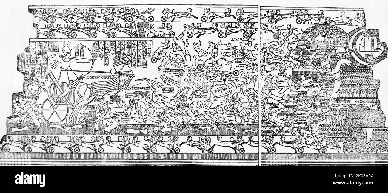 Scena di battaglia dai grandi rilievi di Kades di Ramses II sulle pareti del Ramesseum. Ramesse II (c. 1303-1213 a.C.) fu il terzo faraone della diciannovesima dinastia d'Egitto. Il Ramesseum è il tempio commemorativo (o tempio mortuario) del faraone Ramesses II, situato nella necropoli di Teban nell'Egitto superiore, a ovest del fiume Nilo Foto Stock