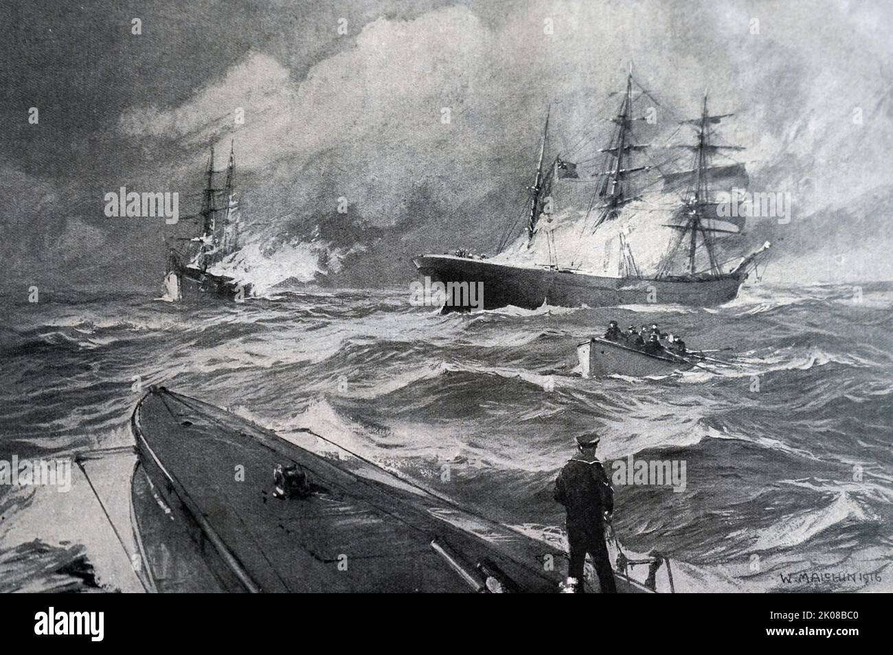 Marinaio inglese alla ricerca di una U-boat tedesca durante la prima guerra mondiale Foto Stock