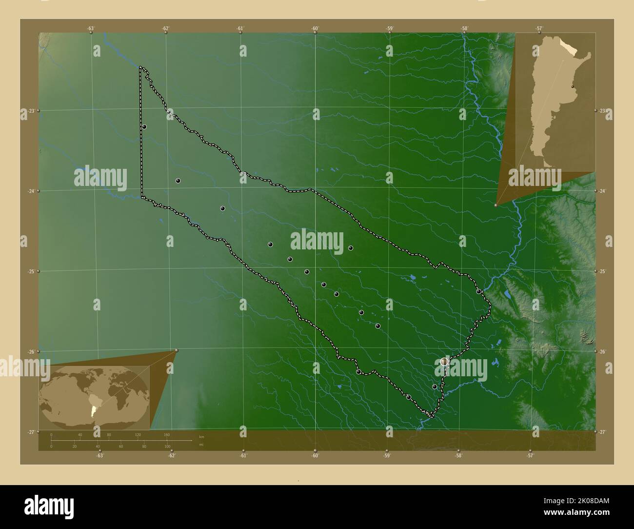 Formosa, provincia dell'Argentina. Mappa di altitudine colorata con laghi e fiumi. Posizioni delle principali città della regione. Mappe delle posizioni ausiliarie degli angoli Foto Stock