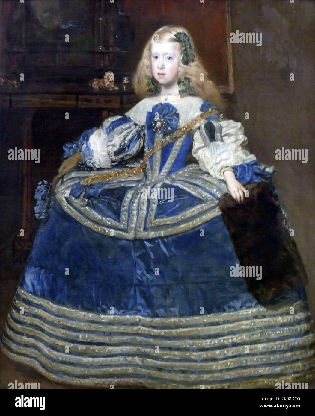Center Infantin Margarita Teresa in blauem Kleid, 1659 di Diego Rodriguez de Silva y Velazquez (battezzato il 6 giugno 1599 – 6 agosto 1660) è stato un pittore spagnolo, artista leader nella corte di re Filippo IV di Spagna e Portogallo, e dell'età dell'oro spagnola Foto Stock