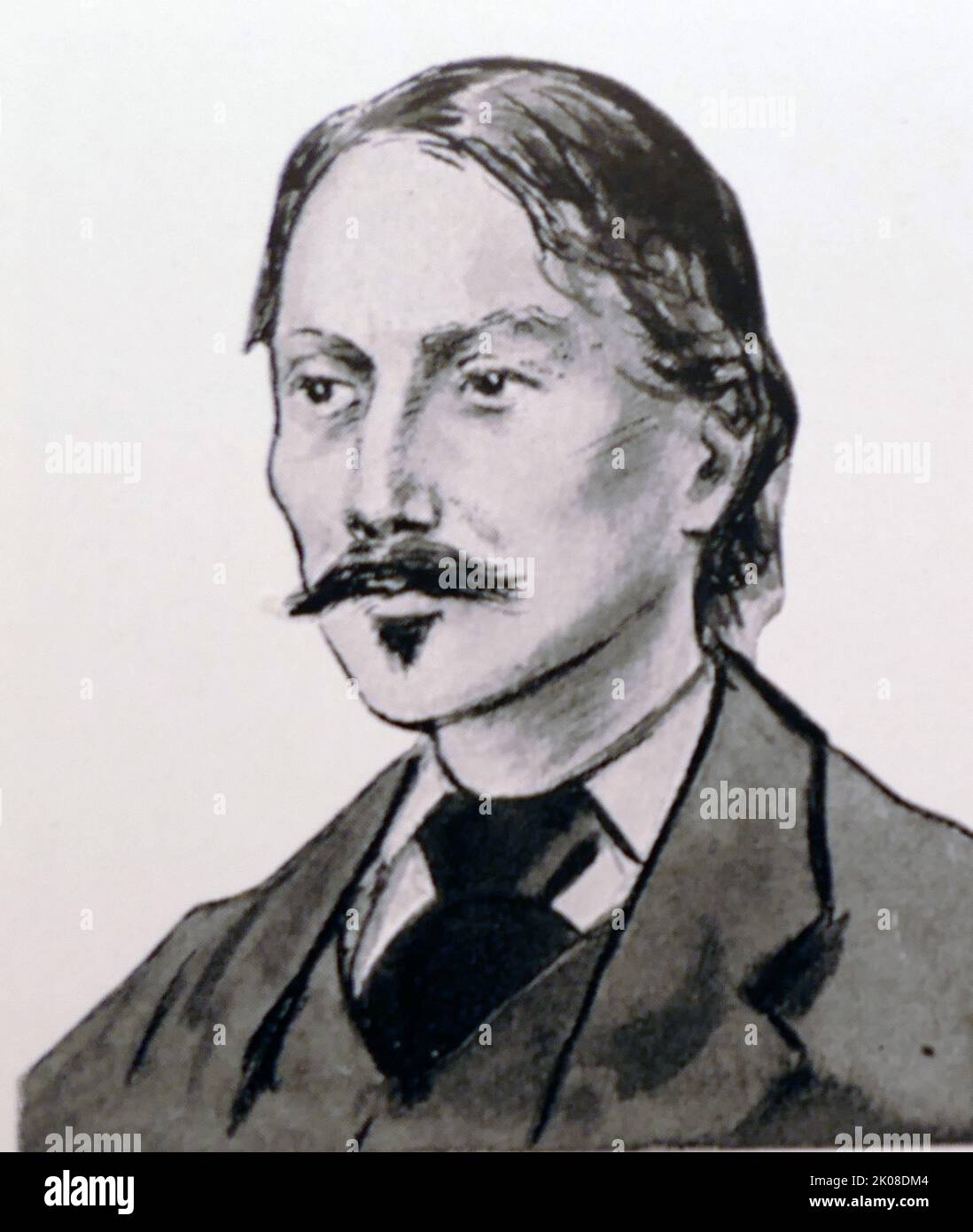 Robert Louis Stevenson (Robert Lewis Balfour Stevenson, 13 novembre 1850 – 3 dicembre 1894) è stato un . E' meglio conosciuto per lavori come Treasure Island, Strange Case of Dr Jekyll e MR Hyde, rapiti e un Giardino dei versi di un bambino. Disegno in bianco e nero Foto Stock