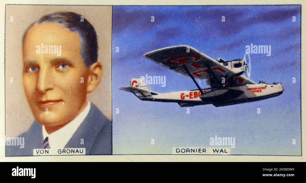 Hans Wolfgang von Gronau (25 febbraio 1893 – 17 marzo 1977) è stato un . Un Dornier Wal. Il 18 agosto 1930 von Gronau volò su un volo transatlantico a bordo di un Dornier Wal -- la vecchia nave volante D-1422 che Amundsen aveva volato prima. Partì da Sylt (Germania) attraverso le Isole Faroe, l'Islanda, la Groenlandia e Labrador, raggiungendo New York City dopo aver percorso 7.520 km in 47 ore di volo Foto Stock