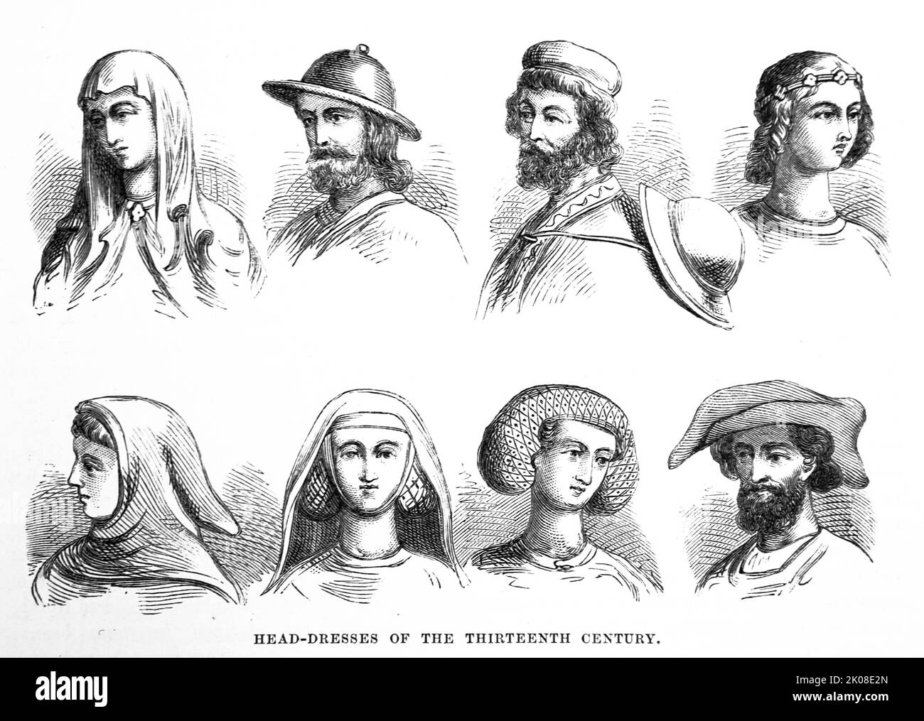 Capi-abiti del 13th ° secolo. Disegno in bianco e nero Foto Stock